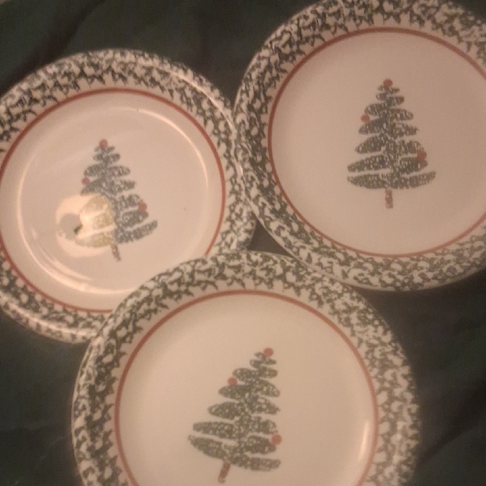 Macy's White Dinner Plates with Green Tree and Red Dot Accents